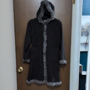 Charcoal Hooded Teddy Jacket with Faux Fur Trim